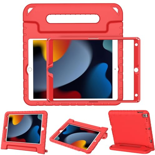 Surom Case for iPad 9th 8th 7th Gen 2021/2020/2019 10.2 Inch, Red | Built-in Screen Protector, Shockproof Convertible Handle Protective Cover, Sturdy Stand, Lightweight Protective Case