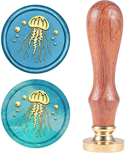 craspire Wachssiegel Stempel Qualle, Siegelwachsstempel Ocean Animal Retro Holzstempel Wachssiegel 25 mm Abnehmbar Messingkopf Holzgriff Für Umschlag Einladung Hochzeit Verschönerung Flasche