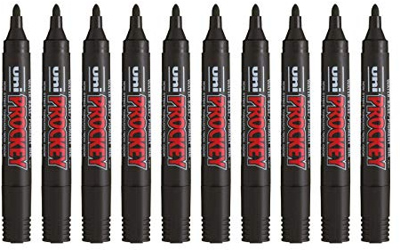 uni-ball - Pennarello permanente Inodore, tinta unita Prockey PM122, multisupporto, multifunzione, base acqua, senza odore, punta conica media, 1,2-1,8 mm, colore: nero, confezione da 10
