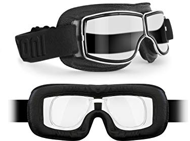 BERTONI Motorradbrille Schutzbrille für Harley Davidson Chopper und Scrambler aus schwarzem Leder und Chrom Rahmen mod. 188