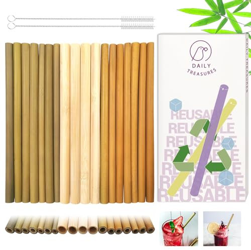 Daily Treasures 18Pcs Bamboo Drinking Straws, 7.9 Inches Natural Reusable Straws Biodegradable Wooden Straight Boba Smoothie Alternative to Plastic with 2 Nylon Brushes, Yellow,green