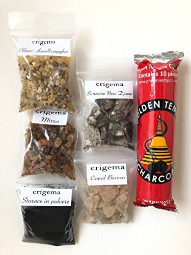 CRIGEMA - Incenso in grani - Set di Resine Naturali 5x10gr - Stick da 10 Carboncini in Regalo