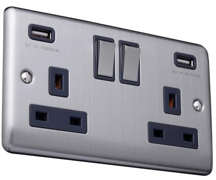 Caradok 2 Gang Double Pole switched socket with USB sockets - Brushed Steel - Grey Inserts
