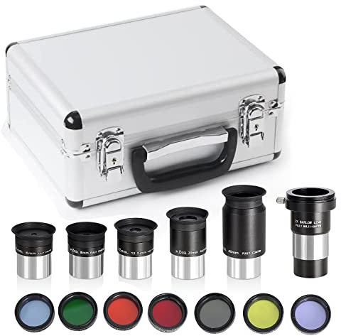 CelticBird 1.25 Eyepiece and Filter Set with a Carry Case-Telescope Accessory Kit (13 Piece) - 5pcs Plossl Eyepieces & 5pcs Color Filters & a 2X Barlow Lens & a Moon Filter & a Polarizing Filter