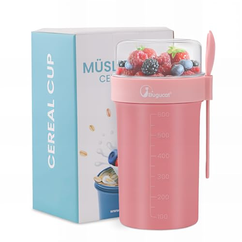 Bugucat Müslibecher to Go 760ml+230ml,Praktischer Joghurtbecher to Go Müsli to Go Becher mit Löffel,Auslaufsicherer Müslibecher Müsli Cup to Go Becher,Müslibox to Go Müsli Becher to Go kinder