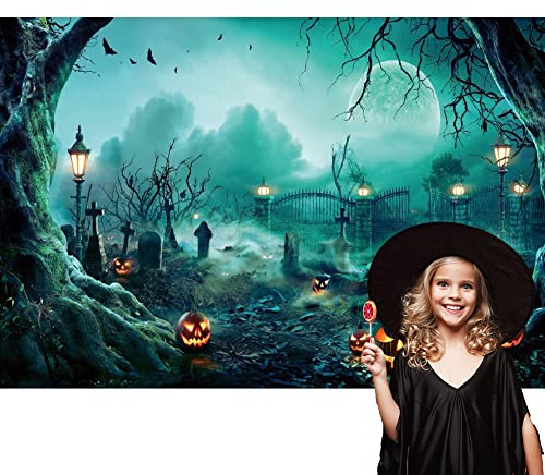 Ttincceer 220x150cm Halloween Hintergrund Horrible Desolate Cemetery Terror Kürbis Mond Fotografie Hintergrund Dilapidated Iron Gate Tombstone Huge Dead Tree Fotografie Hintergrund