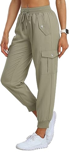 JINSHI Pantalones Senderismo Mujer Cargo Jogger Pantalón Ligero Transpirable Pantalone Ocio Aire Libre Deportes Acampada Trekking Multibolsillos Gris Caqui Talla XL