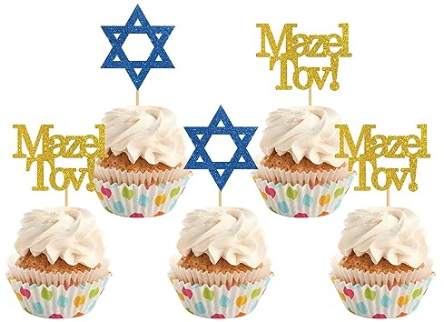 INNORU Mazel Tov Cupcake Toppers, Congratulations Party Decorations, Engagement, Baby Shower, Bar Mitzvah, Birthday, Wedding, Jewish Party Decorations Supplies, Pack of 24 Glitter