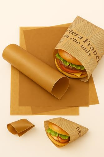 Butterbrotpapier - Wachspapier für Lebensmittel 25x35cm – 100 blatt, beschichtet, fettabweisend & wasserfest, für Burger, Sandwich, Pommes & mehr, Vintage Zeitung-Design von WK Packaging