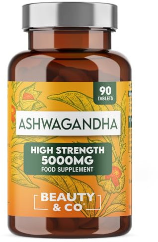 Ashwagandha 5000mg 90 Tablets, Super High Strength Ashwagandha- 3 Months Supply from Beauty & Co, Pure Ashwagandha, Vegan, Made in The UK.