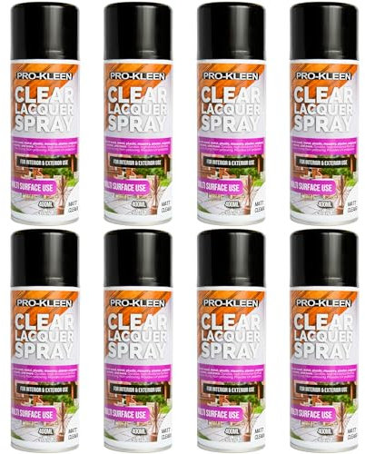 Pro-Kleen Clear Lacquer Spray - Protects and Seals - for Metal, Wood, Plastics & Ceramics - Fast Drying Formula for Interior and Exterior Surfaces - Clear, Durable & Flexible - (Matt, 8 x 400ml)