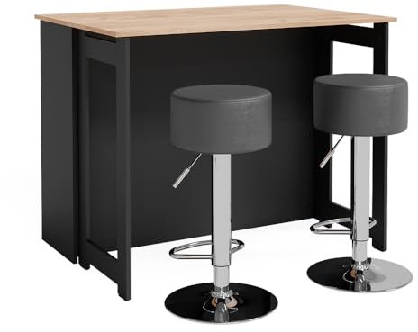 Vicco Bartisch-Set Dominic, Goldkraft Eiche/Anthrazit, 116 x 37 cm mit 2 Barhockern