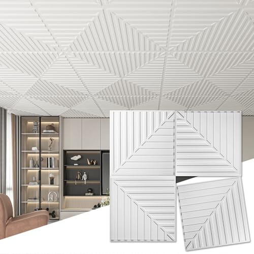 Art3d 12-Pack Drop Ceiling Tiles 2x2 FT, PVC 3D Textured Panels for Interior Wall Decor Living Room Bedroom Office, 24x24 Inch, White