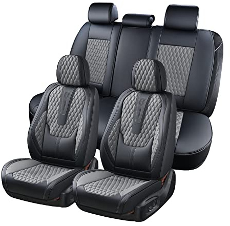 Coverado Coprisedili auto Set Completo, Copertura sedile in pelle con supporto lombare, Universale Cuscino protettivo sedile Anteriori e Posteriori per la maggior parte delle auto SUV Trucks B-8859