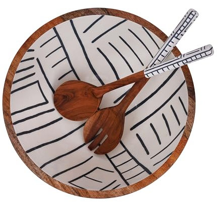 Tarli Grand saladier en bois avec fourchette et cuillère pour fruits ou salades – Bol de 30,5 cm en bois de manguier de qualité supérieure avec finition émaillée – Fruits, chips, nachos et autres