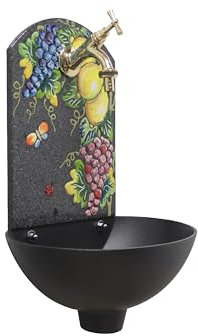 Fontaine murale Petra avec façade en pierre de lave peinte à la main, décor citrons et grenades, baignoire en aluminium, avec robinet (laiton brillant)