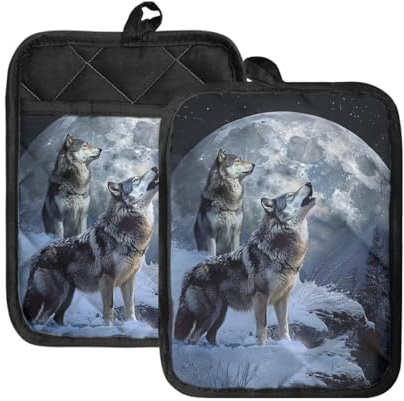 WELLFLYHOM Wolf Moon Topflappen mit Taschen, hitzebeständige Topflappen, Baumwollfutter, Topflappen, Ofenhandschuhe für Männer und Frauen, Kochen, Backen, 2 Stück