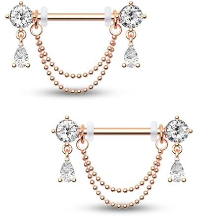 CM Crareesi Mania 2 Stück Hängend Tropfen Nippelpiercing Chirurgenstahl Brustwarzenpiercing Silber Rosegold 14G Doppelketten Brustpiercing Brust Nippel Piercings Schmuck für Frauen