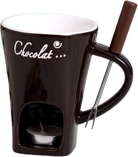 Angaekkot Chocolate Fondue Tasse,Schokoladenfondue Set,Keramik Schokoladenfondue Tasse,200ml Keramik Schokoladenfondue Tasse mit Gabeln,Persönlicher Käse-Schmelzbecher,Teekerzen-Fondue-Set (Coffee)