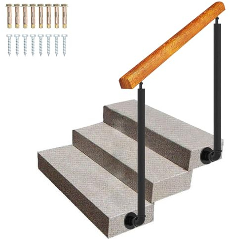 Renmlion Wood Handrails for Outdoor Steps，Side Mount Stair Railing Front Porch Hand Rail Black Wrought Iron Stair Handrail Guardrail with Fittings for Cement Concrete Steps(Height 85cm,150cm/59inch)