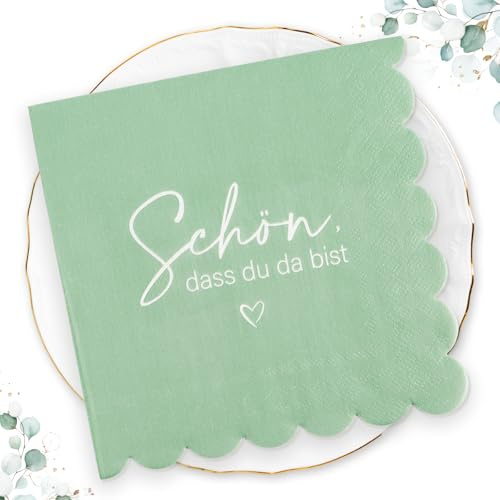 MEJOSER 40 Stück Servietten Schön dass Du Da Bist 33x33cm Servietten Hochzeit Geburtstag Grün Kommunion Konfirmation Taufe Jugendweihe Babyparty Deko Neutral Salbeigrün Tischdeko