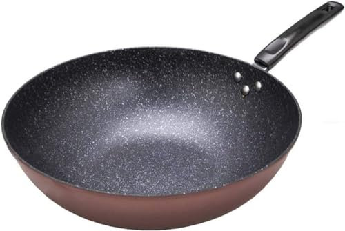 Wok Pan de hierro fundido, woks y salteados sartén antiadherente Pan de fondo plano antiadherente Pan con mango ergonómico y fondo plano, wok antiadherente para todas las tapas de la estufa, 32 cm (34