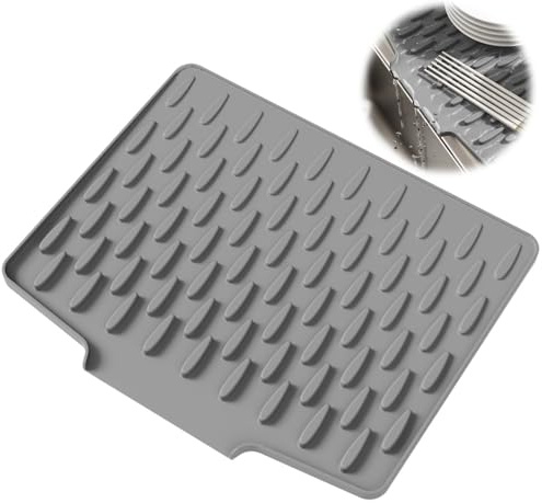Tappetino scolapiatti in silicone, grigio, antiscivolo, con drenaggio dell'acqua, resistente al calore e impermeabile, protezione per piano di lavoro a prova di perdite, 40 x 33 cm