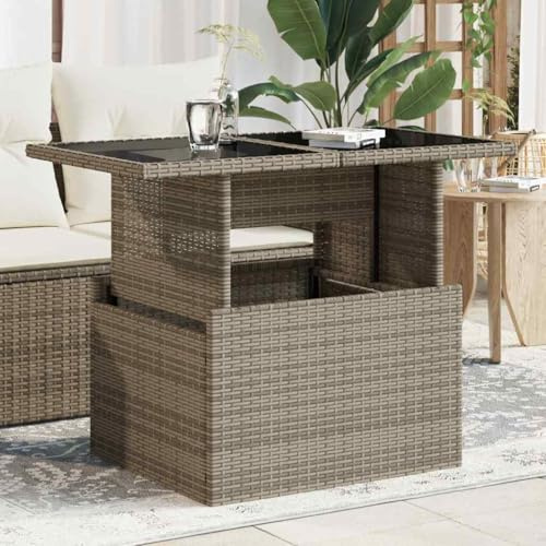 HaoChrymec Gartentisch mit Glasplatte Grau, PE-Rattan, Verstellbare Tischplatte, Loungetisch Outdoor, Beistelltisch Garten, Balkon Tisch, Wetterfest, 100 x 55 x 44/73 cm
