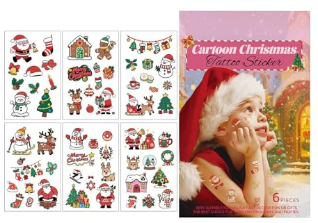 ZHUMCCY Temporäre Sticker Kinder,6 Stücke Weihnachts Augen Sticker Set - Strumpfbehälter Cartoon Aufkleber Santa Rentier Schneeflocke für Arm Augen Körper Party Deko Kinder