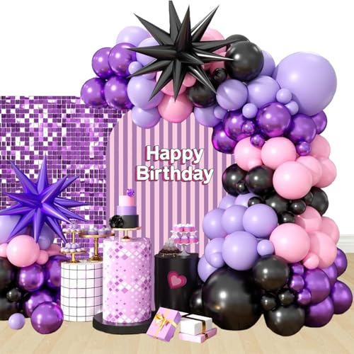 Kit de Décoration de Fête Thème Guirlande de Ballons Violets Noirs Roses Arche et Accessoires pour Fête d'Anniversaire