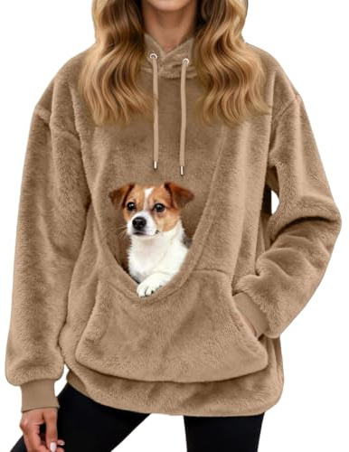 Pet Pouch Hoodie for Women Sherpa Cat Dog Carrier Hoodies Puppy Holder Carrying Hooded Sweatshirt Solid Color Long Sleeve Big Pocket Pullover Oversized Jumpers (Khaki, L)