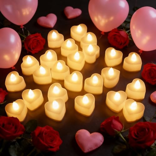 24 Piezas Velas LED Sin Llama en Forma de Corazón, con Luz Cálida y Efecto Parpadeante, a Pilas para Decoración de Bodas, Fiestas, Navidad y Hogar