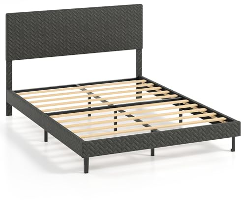 COSTWAY Marco de Cama, Estructura de Cama con Plataforma Tapizada en Lino con Cabecero Chevron Ajustable en Altura, Somier de Listones de Madera, No Requiere Somier (160 x 200 cm)