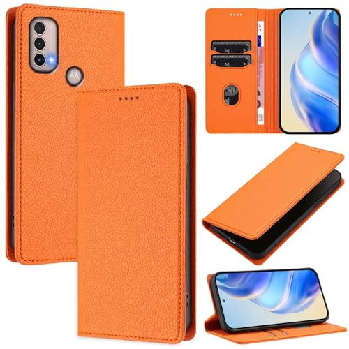 xinyunew Funda para Motorola Moto E20/E30/E40 PU Cuero Premium - [RFID Bloqueador] Carcasa de Cuero PU, Magnético Libro Tipo Flip Capa,Soporte Plegable con Tarjetero,Naranja