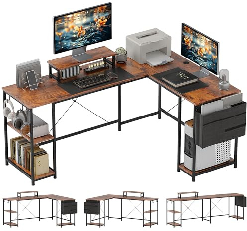 HOMCOM Bureau d'angle Réversible Étagère Réglable 168-240 cm Brun Rustique