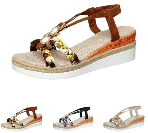 Generico Kvinnor Lätta Sommarplatta Sandaler Skor Mode Öppen tå Halkfria Tofflor Strass Smycken Strand Flip Flops Casual Elegant Platt Bekväma Sandaler Ortopediska Strandkläder, Brun, 37 EU