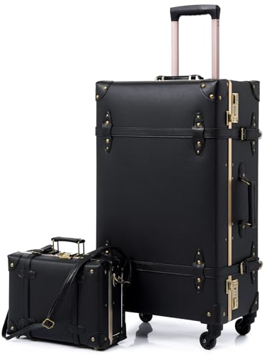 urecity Designer Vintage Trunk Combination Luggage Sets of 2 Piece, Hard Shell Retro Travel Suitcase with Wheels (Black, 20+12)