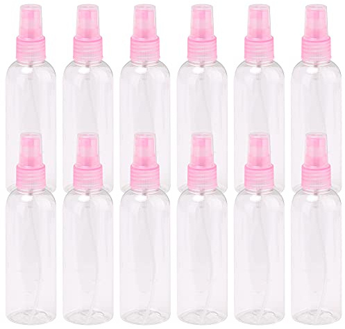Doublelife Pack of 12 Fine Mist Mini Spray Bottles 100ml(3.4 oz) with Atomizer Pumps and Caps- for Essential Oils, Travel, Perfumes, More - Empty Tinted Pink Plastic Bottles - Refillable & Reusable