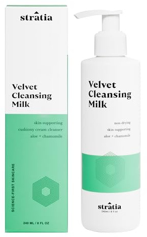 Stratia Velvet Cleansing Milk - Gentle Cream Face Cleanser, Moisturizing & Non-Foaming with Chamomile, Olive Oil & Aloe Vera, 8 Fl Oz