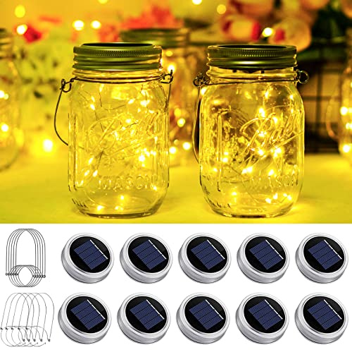 SmilingTown Solar Light for Mason Jars 20 LED Outdoor Fairy String Light Lids with Hangers for Jar Lantern Waterproof Rust Resist for Patio Lawn Garden Decor No Jars 10 Pack (Warm White)