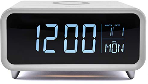 groov e Athena - Digital Alarm Clock with Wireless Charger, Night Light, LCD Display, & Dimmer Function - 12hr/24hr Time Modes - Mains Powered, Backup Battery System - White