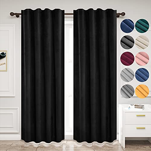 WOLTU 2 Stücke Samtvorhänge, für Schlafzimmer Wohnzimmer, Verdunklungsvorhang mit Kräuselband Thermogardine, 300 g/m² Schwere Samtige, 140 x 245 cm, Schwarz