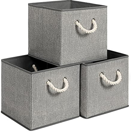 SONGMICS Aufbewahrungsboxen, 3er Set, Stoffboxen, 30 x 30 x 30 cm | Ohne Deckel, mit Griffen, Leinenoptik, grau, TINA Kollektion RFB016G01V1