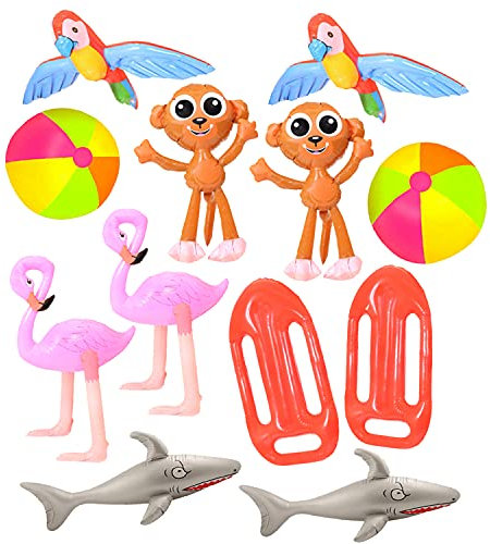 I LOVE FANCY DRESS SUMMER INFLATABLE SET - 2X BEACHBALLS, 2X FLAMINGOS, 2X PARROTS, 2X MONKEYS, 2X SHARKS, 2X LIFEGUARD FLOATS - SUMMER FUN BEACH POOL PARTY DECORATIONS