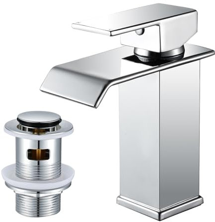 WasserRhythm Basin Taps Mixer Waterfall Bathroom Sink Taps with Pop Up Waste, Monobloc Square Bathroom Mixer Tap 1 Hole Modern Mono Single Lever Stainless Steel Sink faucet with Standard Hoses, Chrome