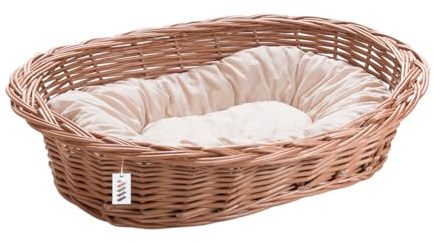 Wiklinowy Świat - Katzenbett Weidenkorb Hundebett, Weidenbett für Haustiere - Natürlich warm, atmungsaktiv und stilvoll - Verschiedene Größen 66x47x15cm - helles cremefarbenes Kissen