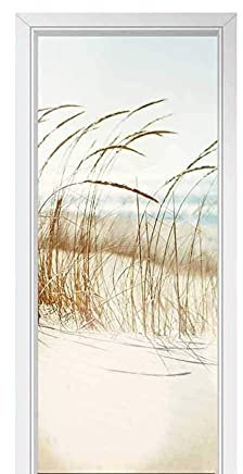 Peinture Murale 3D Stickers Porte Trompe Loeil Effet Décoration Auto Adhésif PVC Amovible Imperméable Autocollants De Porte Muraux. Balançoire De Roseau Au Bord De La Mer Amovible (77x200cm)