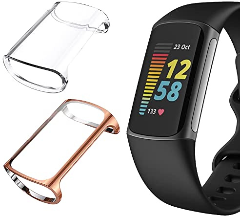 Niboow Case [2 Pack] for Fitbit Charge 5, with Screen Protector, Flexible TPU Shockproof Scratch Proof Cover Case for Fitbit Charge 5 - Rose Gold + Transparent
