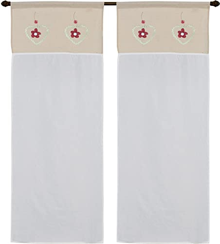 1 Paar Scheibengardinen Art Orleans Shabby Stoff in Leinenoptik aus Polyester mit kariertem Querbehang und drei aufgesetzten Herzen (Größe 60 x 240 cm, Blumenbordo)