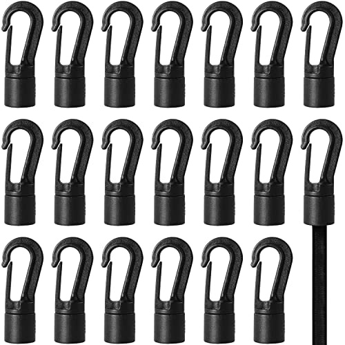 LUORNG 20 ganci elastici da 1/4-5/16, in plastica, neri, terminali elastici per attrezzature esterne, kayak, canoe, barche, portapacchi